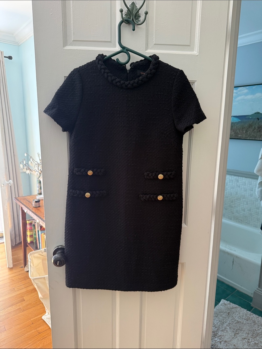 Quince Black Short Sleeve Shift Dress with Braided Trim